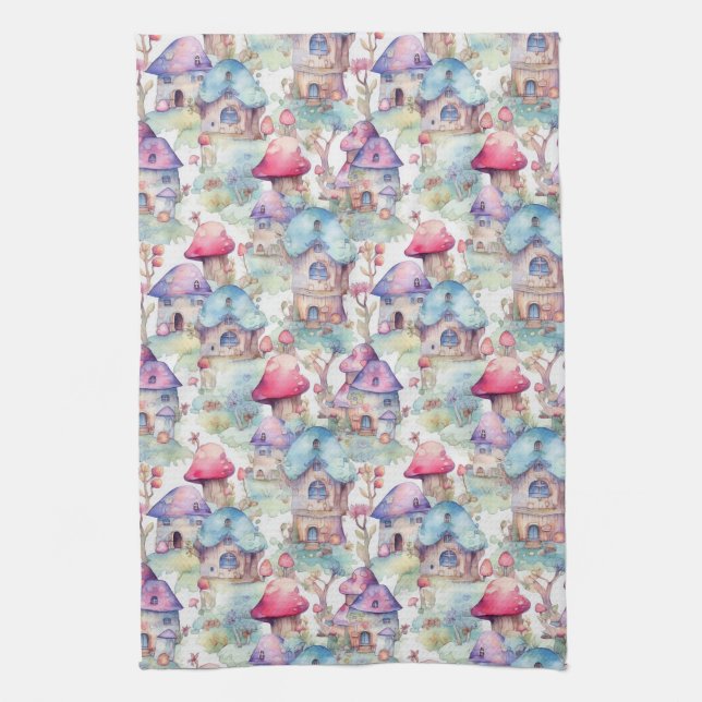 Whimsical Mushroom Cottage Pattern (6) Tea Towel (Vertical)