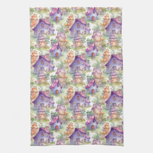 Whimsical Mushroom Cottage Pattern (7) Tea Towel (Vertical)