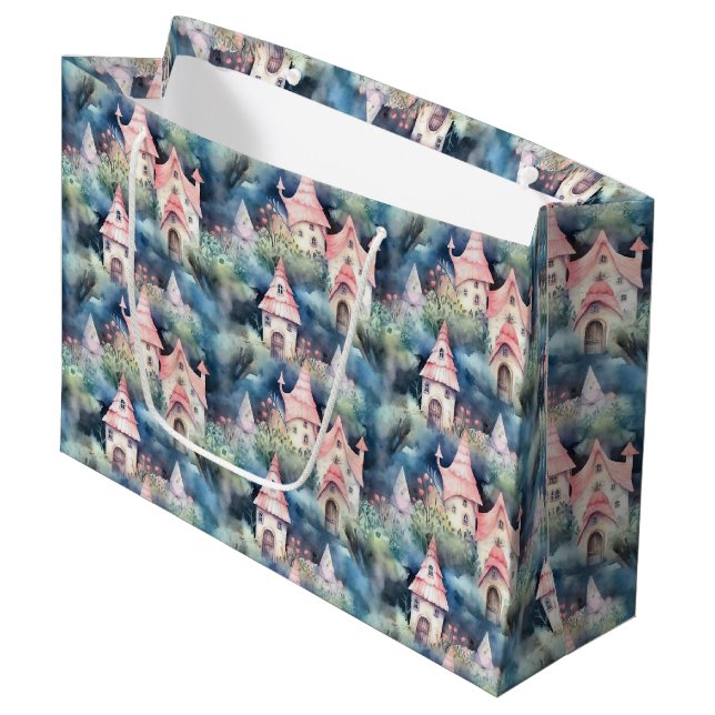 Whimsical Mushroom Cottage Pattern (8) Large Gift Bag (Front Angled)
