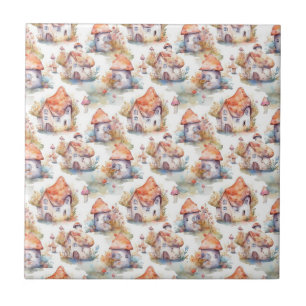Whimsical Mushroom Cottage Pattern (9) Ceramic Tile