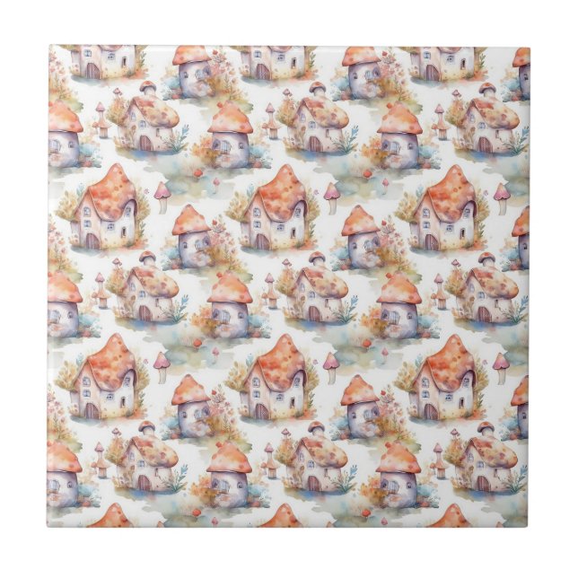 Whimsical Mushroom Cottage Pattern (9) Ceramic Tile (Front)