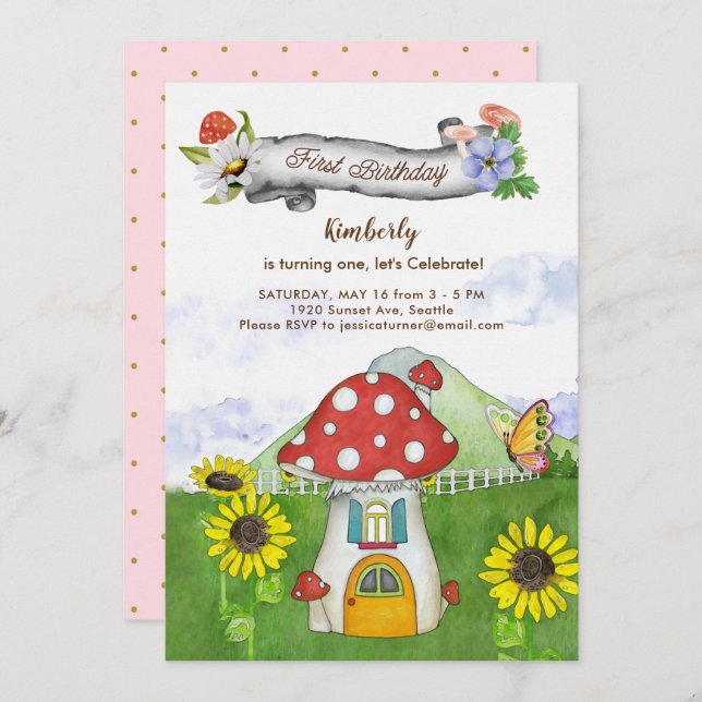 Whimsical Mushroom Floral Banner First Birthday Invitation (Front/Back)