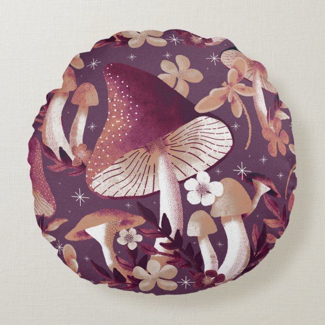 Whimsical Mushroom Floral Pattern Round Cushion (Front)
