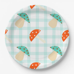 Whimsical mushroom gingham pattern paper plate