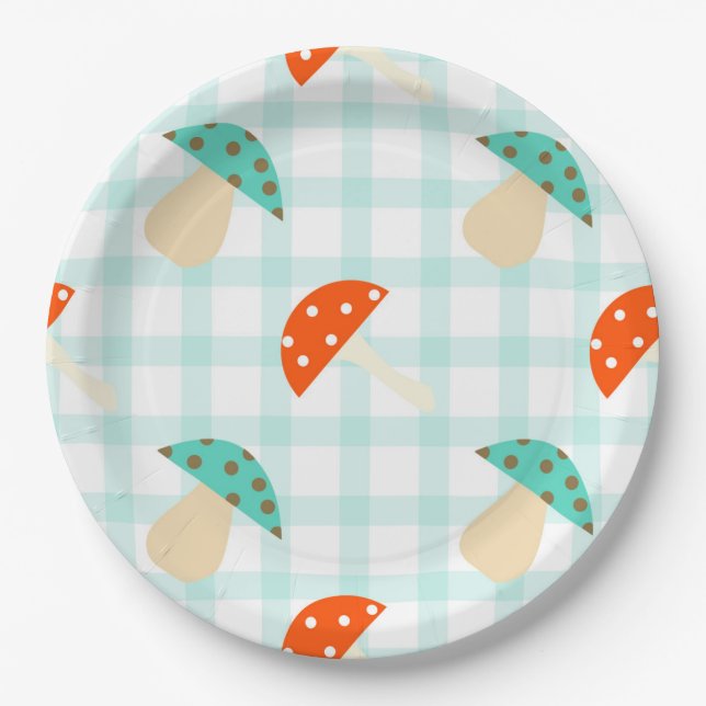 Whimsical mushroom gingham pattern paper plate (Front)