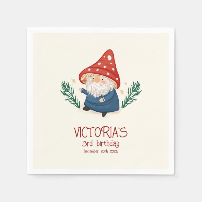 Whimsical Mushroom Gnome Birthday Party Napkin (Front)