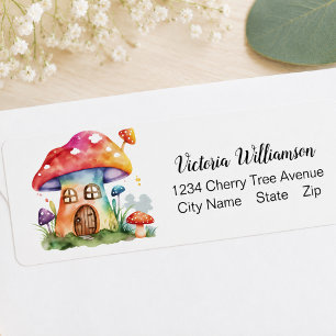 Whimsical Mushroom House Cute Watercolor Custom Return Address Label