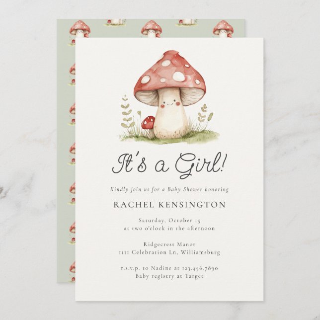 Whimsical Mushroom It's a Girl Baby Shower Invitation (Front/Back)
