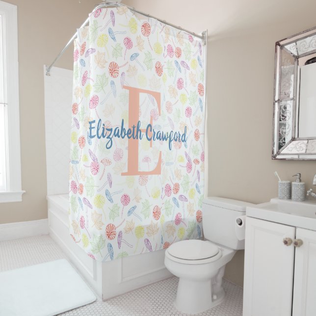 Whimsical Mushroom & Leaf Personalised  Shower Curtain (In Situ)