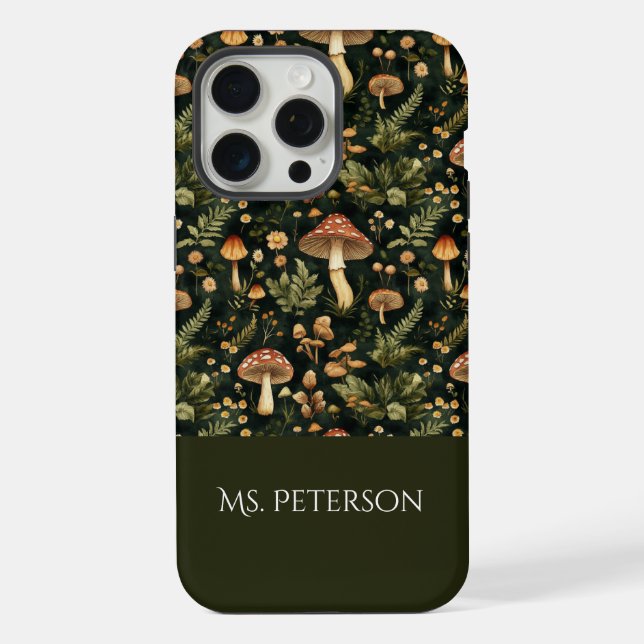 Whimsical Mushroom Pattern Custom Name iPhone Case (Back)