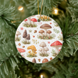 Whimsical Mushroom Pattern – Vintage Botanical Ceramic Ornament