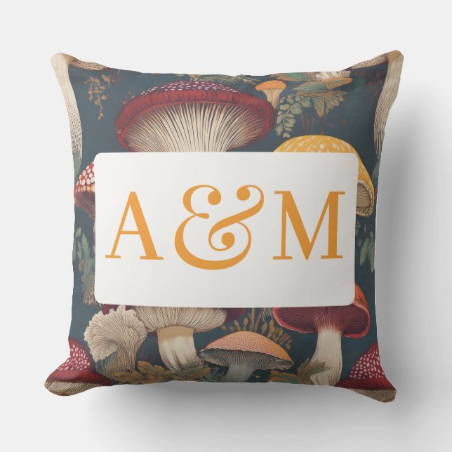 Whimsical Mushroom Pattern with Dual Monogram Cushion (Front)