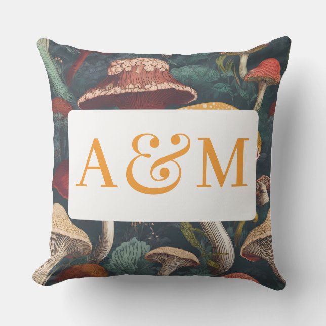 Whimsical Mushroom Pattern with Dual Monogram Cushion (Front)