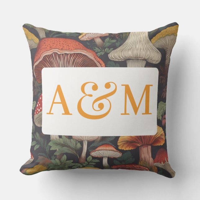 Whimsical Mushroom Pattern with Dual Monogram Cushion (Front)