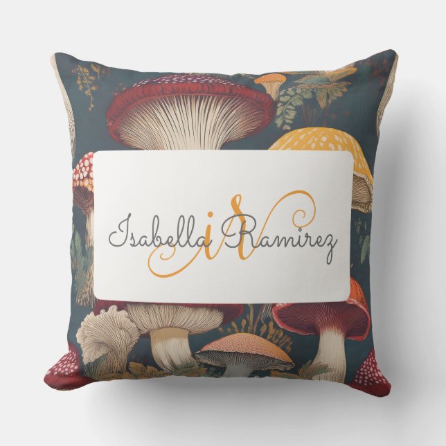 Whimsical Mushroom Pattern with Name & Monogram Cushion (Front)