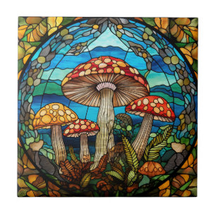 Whimsical Mushroom Stained Glass Ceramic Tile