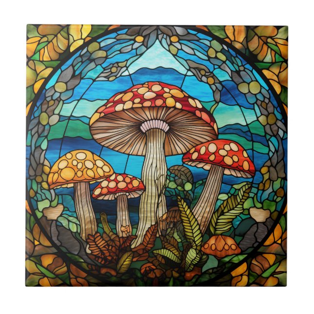 Whimsical Mushroom Stained Glass Ceramic Tile (Front)