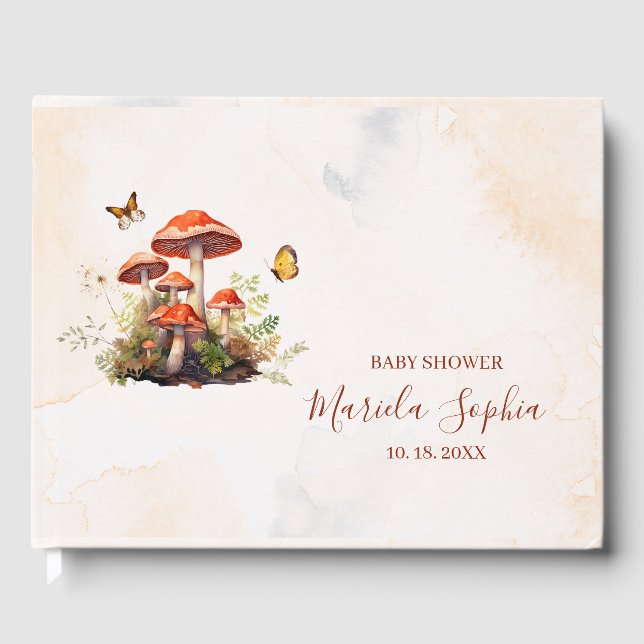 Whimsical Mushroom Watercolor Baby Shower Guest Book (Front)