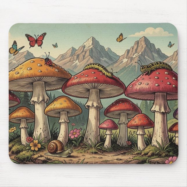 Whimsical Mushrooms and Mountain Tops Mouse Pad (Front)