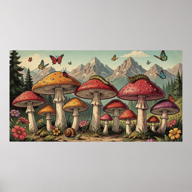 Whimsical Mushrooms and Mountain Tops Poster (Front)