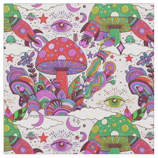 Whimsical Mushrooms and Rocket Ships  Fabric