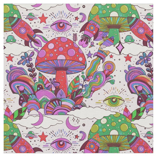 Whimsical Mushrooms and Rocket Ships  Fabric (Close Up)