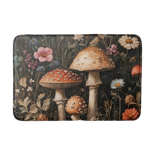 Whimsical Mushrooms and Wildflowers Botanical Bath Mat (Front)