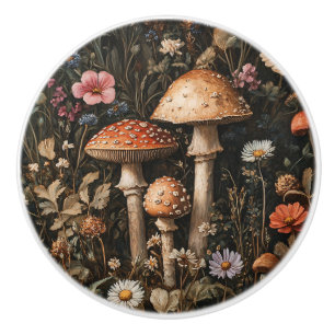 Whimsical Mushrooms and Wildflowers Botanical Ceramic Knob