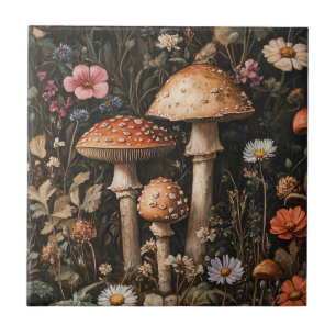 Whimsical Mushrooms and Wildflowers Botanical Ceramic Tile