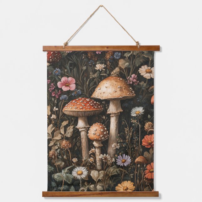 Whimsical Mushrooms and Wildflowers Botanical Hanging Tapestry (Front)