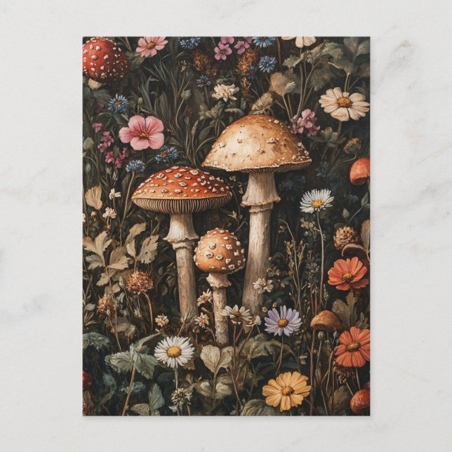 Whimsical Mushrooms and Wildflowers Botanical Postcard (Front)