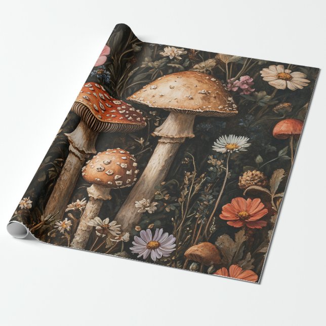 Whimsical Mushrooms and Wildflowers Decoupage Wrapping Paper (Unrolled)