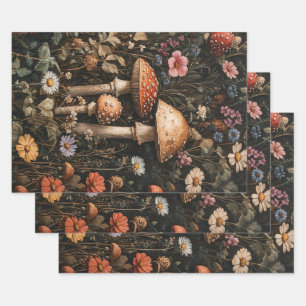 Whimsical Mushrooms and Wildflowers Decoupage Wrapping Paper Sheet