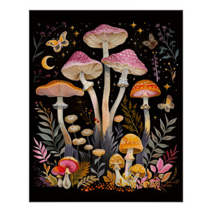 Whimsical Mushrooms Moths and Moon Poster