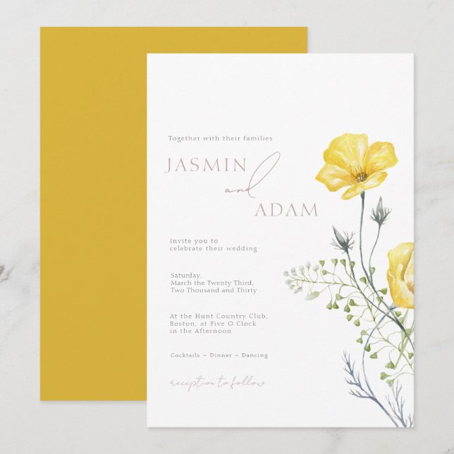 Whimsical Mustard Wildflower Monogram Wedding Invitation (Front/Back)