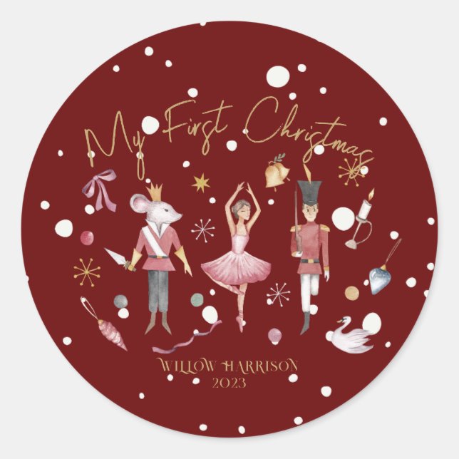 Whimsical My First Christmas Nutcracker Kids Name Classic Round Sticker (Front)