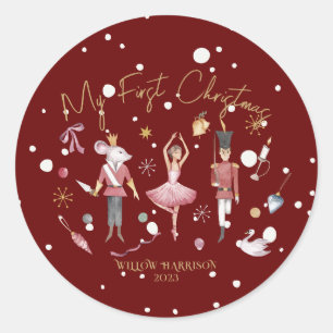 Whimsical My First Christmas Nutcracker Kids Name Classic Round Sticker