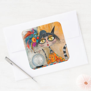 Whimsical Mystic Fortune Teller Cat Square Sticker