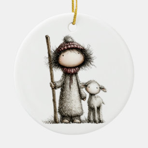 Whimsical Nativity Shepherd and Lamb Christmas Ceramic Ornament