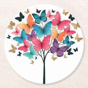 Whimsical Nature Butterfly Tree of Life Round Paper Coaster