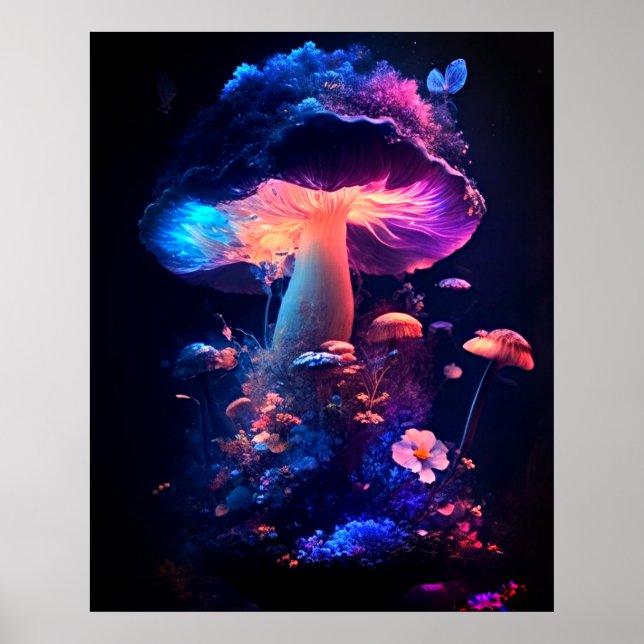 Whimsical Nature Dance: Mushrooms & Flowers Poster (Front)