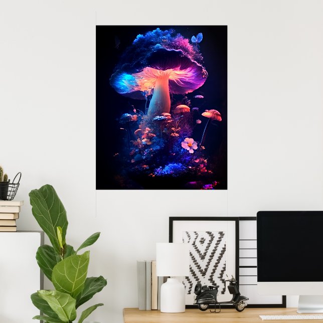 Whimsical Nature Dance: Mushrooms & Flowers Poster (Home Office)