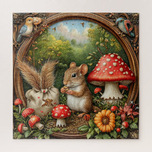 Whimsical Nature Scene With Mouse, Mushrooms Jigsaw Puzzle