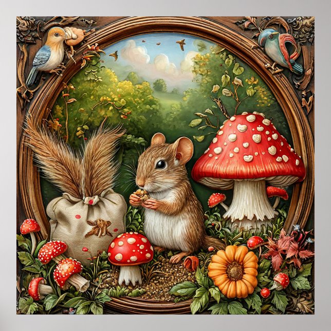 Whimsical Nature Scene With Mouse, Mushrooms Poster (Front)