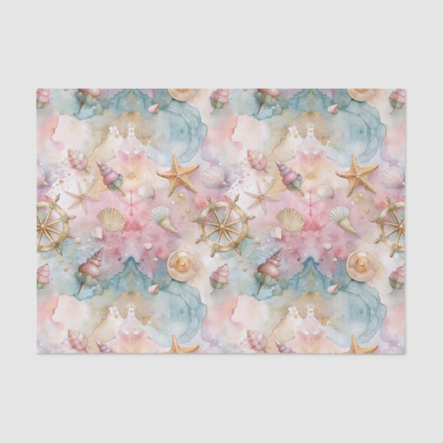Whimsical Nautical Seashells Pink Decoupage Tissue Paper (Front)