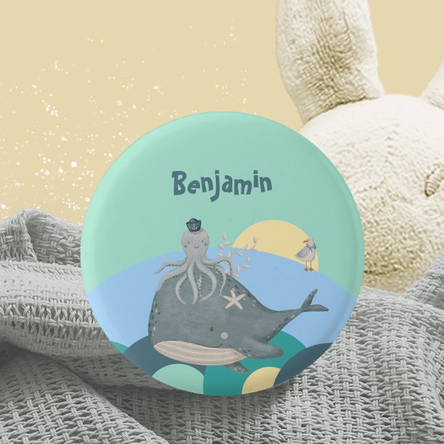 Whimsical Nautical Whale Octopus Green Baby Shower 3 Cm Round Badge (Lovable Nautical Whale Squid Green Baby Shower Button ©Susanne Sachers - Sunny Mind Design 🌞)