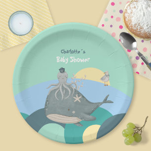 Whimsical Nautical Whale Squid Green Baby Shower Paper Plate