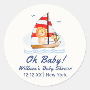 Whimsical Nautical Wild Lion Sailboat Baby Shower  Classic Round Sticker