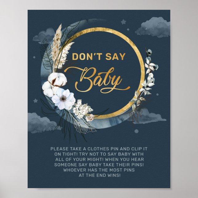 Whimsical navy and gold don't say baby game sign (Front)