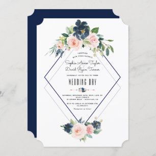 Whimsical Navy Blue Blush Floral Wedding Invitation